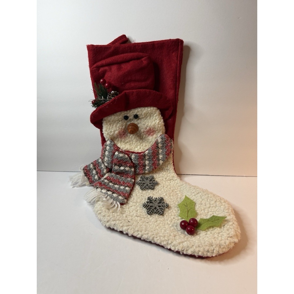 EUC Dandee Christmas Stocking Snowman 3D 20" Tall Red Felt Snowflake